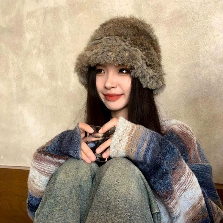 Women’s Hat Rabbit Fur Hat - Autumn Winter Warm Thickened Cold-proof Plush Bucket Hat