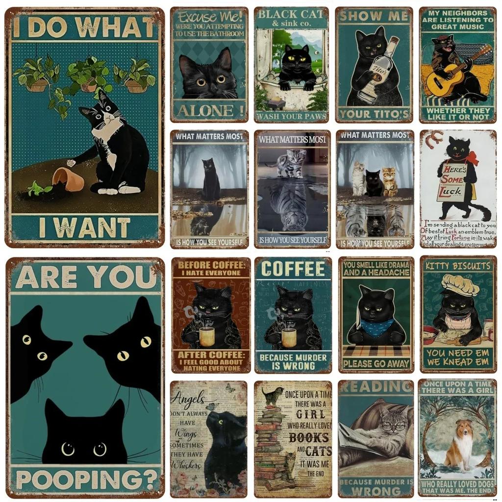 Funny Coffee Sign Retro Cat Posters Metal Tin Sign Vintage Kitchen Signs Coffee Bar Sign Cat Wall Art Poster Cats Home Decor