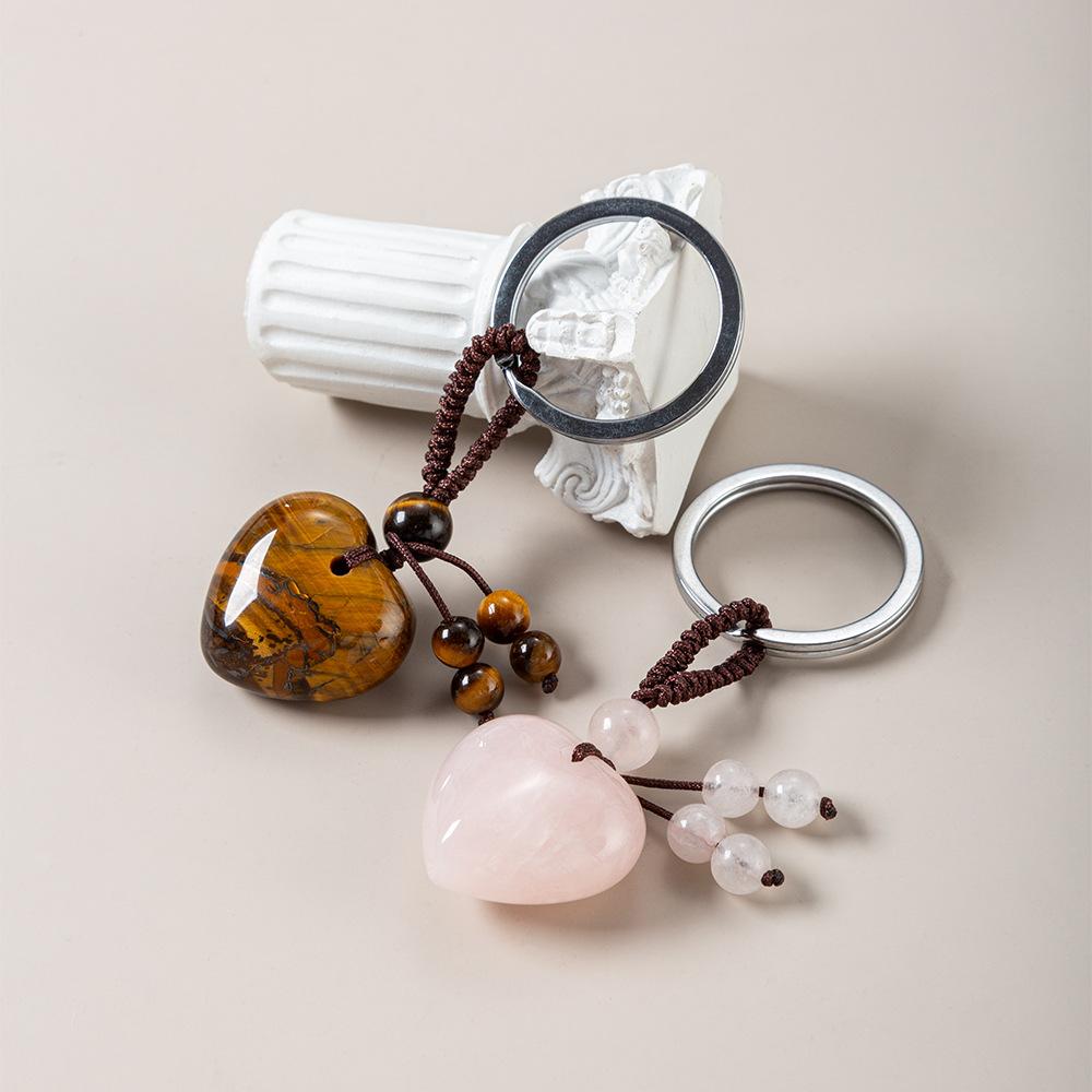 1PC Natural Stone Heart Keychain Healing Crystal Stone Rose Quartz Jewelry Tassel Keyring Bag Charms for Handbags