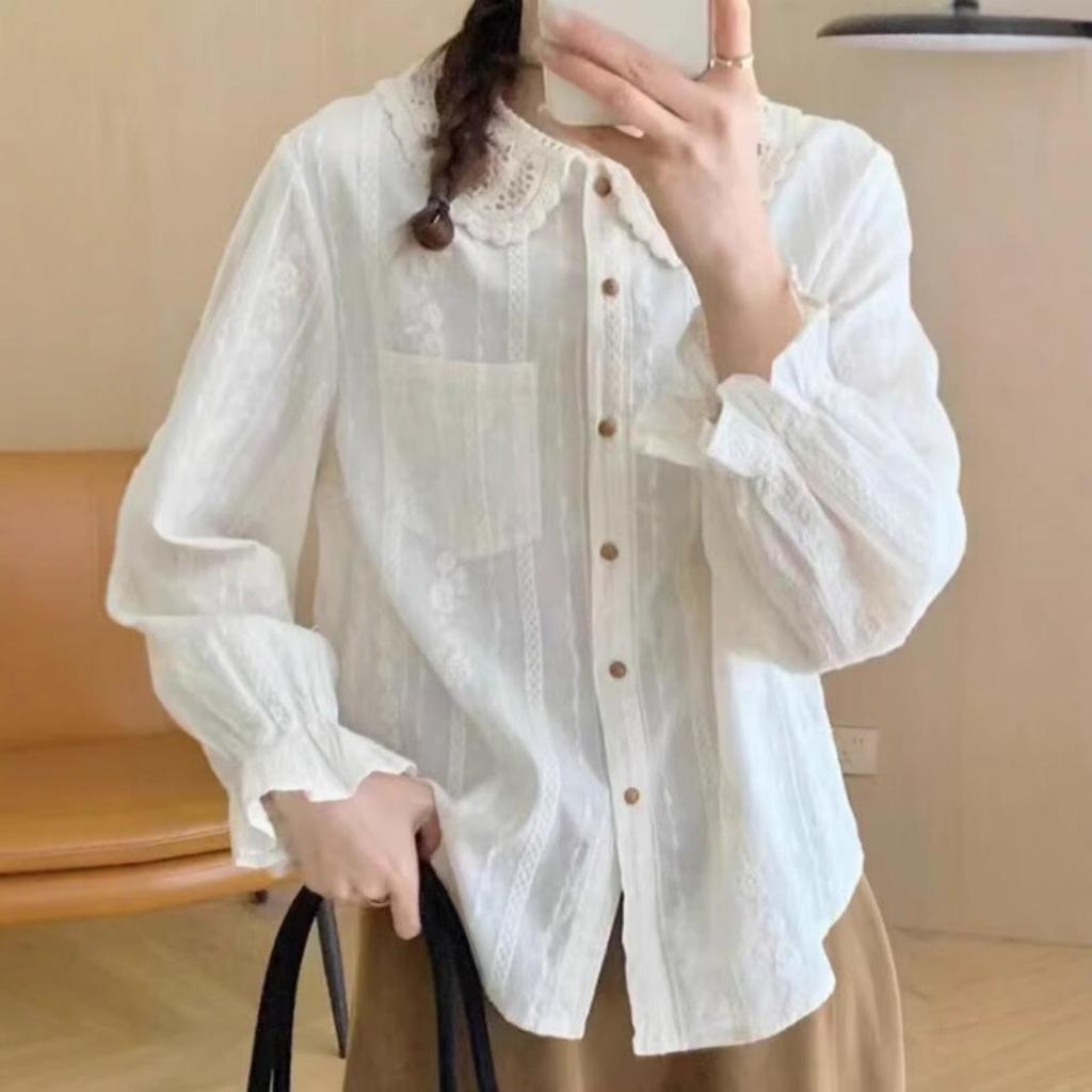Women's Lace Peter Pan Collar Blouse - Spring 2025: Korean Style, Jacquard Embroidery, Long Sleeves, Loose Fit