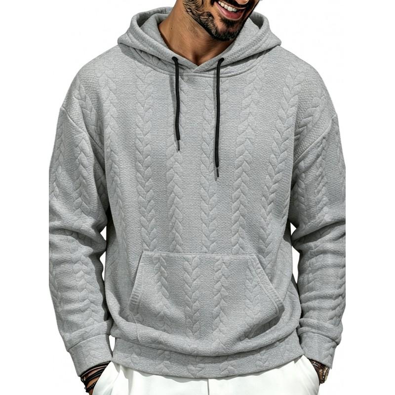 Mens Hooded Casual Sweatshirt With Jacquard Lightweight Cotton Blend Long Sleeve