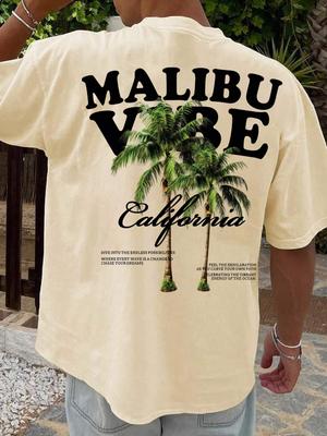 Summer Casual and Simple Men's T-shirt- Design with Letter and Palm Tree Pattern Prints, Comfortable and Casual Round Neck and Short Sleeves, Summer
