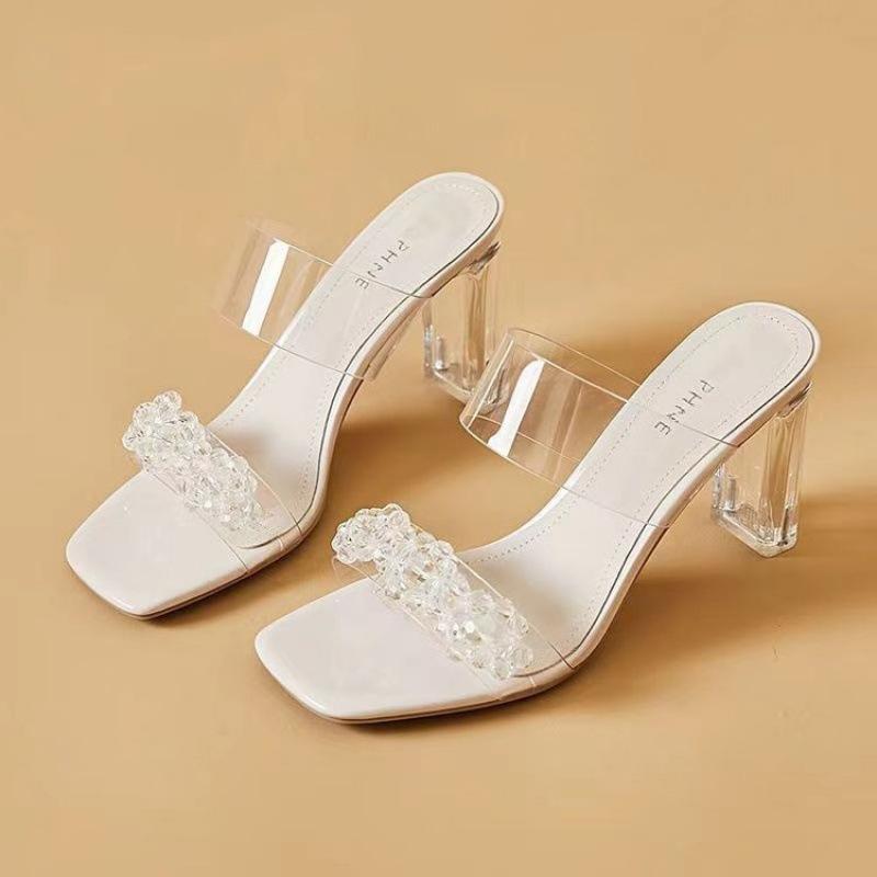 Transparent strap high-heeled sandals female 2025 summer medium heel crystal thick heel temperament cool slippers princess shoes fairy sandals