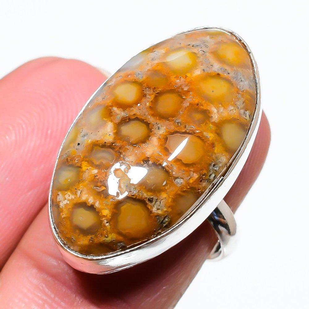 Fossil Coral Gemstone 925 Sterling Silver Gift Jewelry Ring Size 7.5