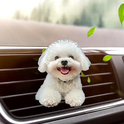 Biluttagsventilation Parfymklämmor 2D Akryl Bil Luftventil Klämma Söt Leende Vit Hund Hängande Prydnad med Doftspridare