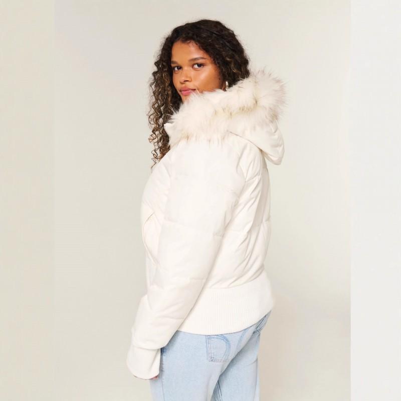 Womens Hooded Zip Cotton Jacket With Faux Fur Trim Street Style Solid Color Casual Winter Coat