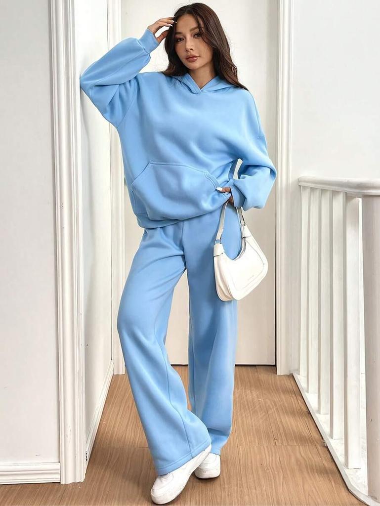 European-American 2-Piece Women's Warm Lined Hoodie & Casual Pants Autumn/Winter Sports Set