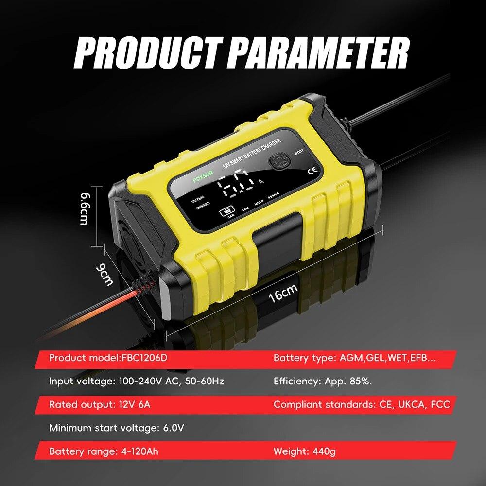 12V 6A Automotive Battery Charger Digital Display Smart Battery Charger Repair Chargers AGM Wet Dry Lead Acid Battery