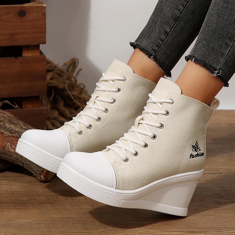 Fashion High Top Wedges Women Sneakers 2025 Autumn New Black Platform Sports Shoes Woman Lightweight Lace Up Casual Canvas Shoes