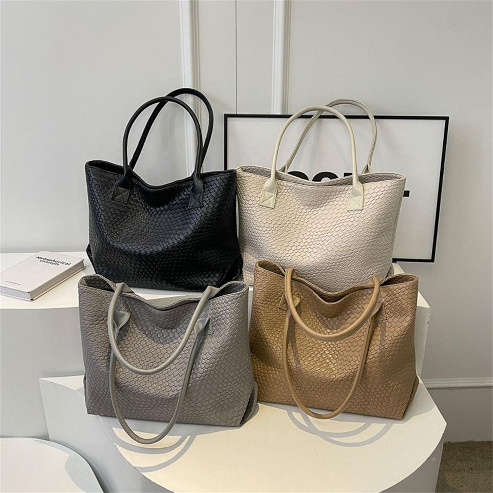 Women's Woven Pattern Tote Bag Elegant PU Leather Handbag Vintage Large Capacity Fashion Trending Japon Style Shoulder Bags
