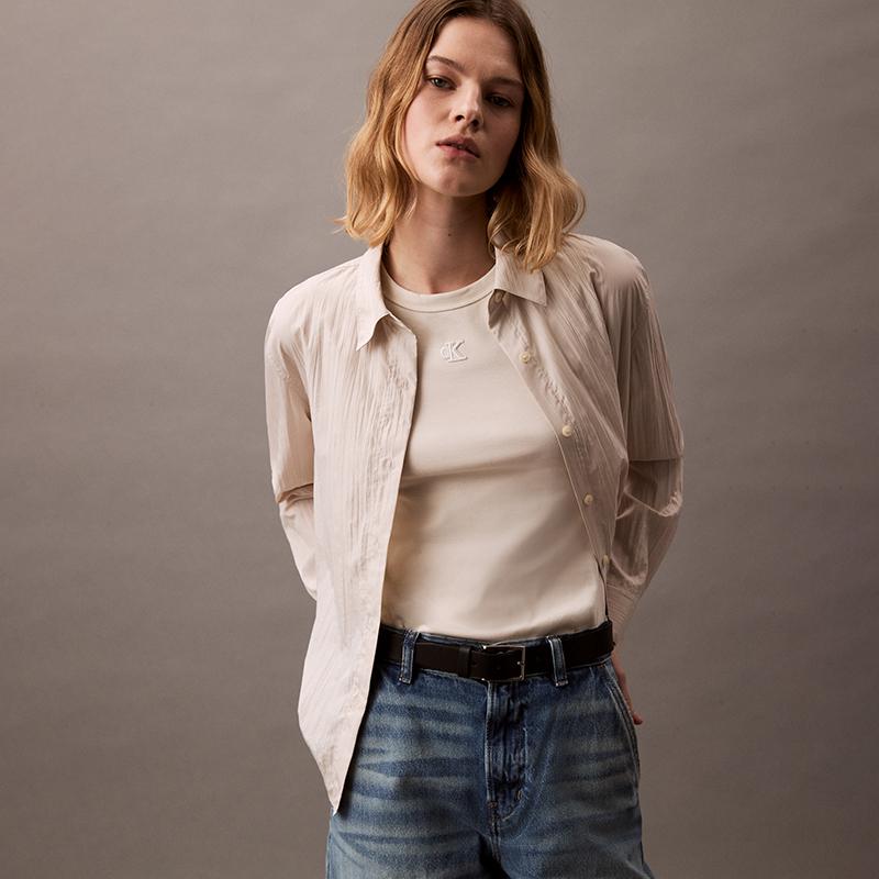 Calvin Klein Trendy Minimalist Embroidered Logo Ribbed Slim Fit Tank Top Women Tops Beige Cream 47B265G