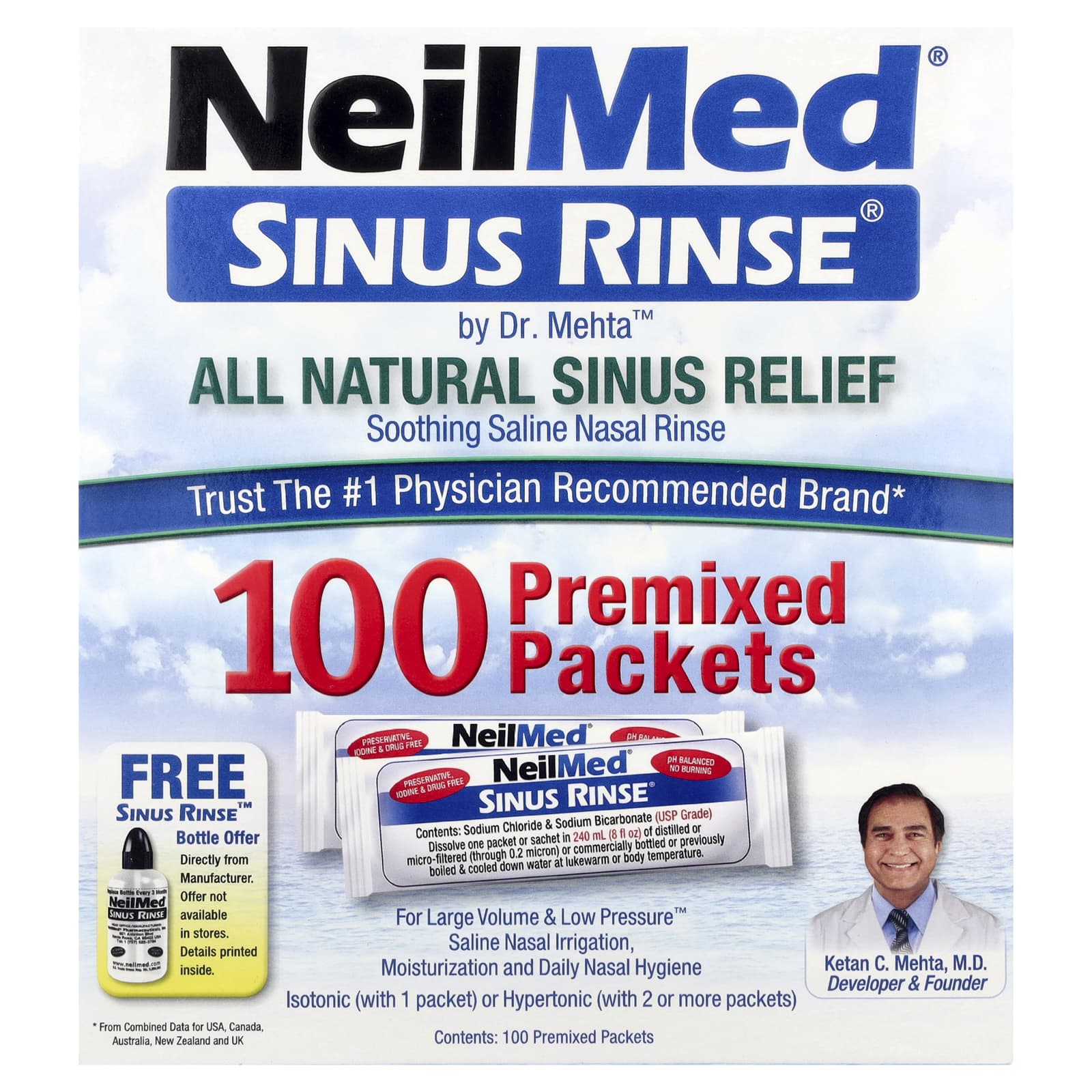 

Sinus Rinse, 100% Natural Sinus Relief, Premix 100 Packs