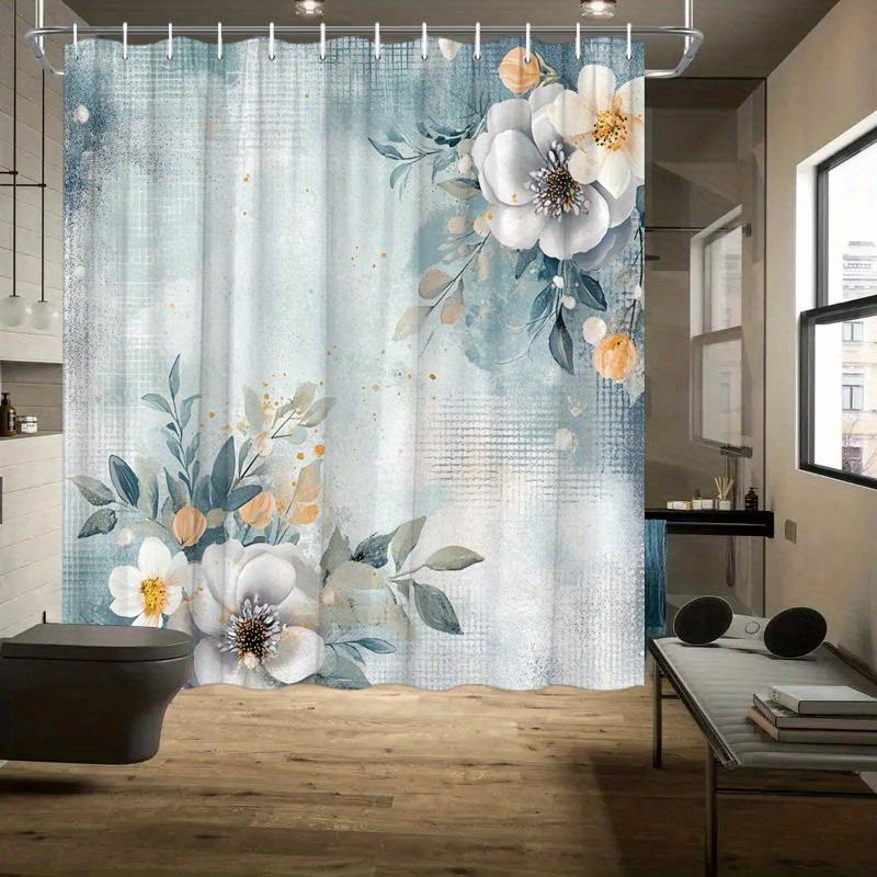 

1 Floral Corner Shower Curtain, Soft Peach Pattern On A Light Teal Background, Polyester Fabric, Polyester Fabric With Hooks W60H190(CM)-1 Pcs