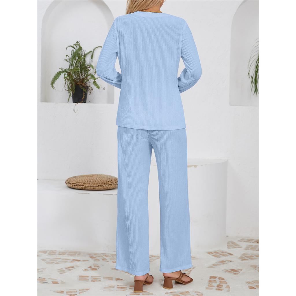 Women's Sets Casual Loose Knitted Jacquard Long-sleeved Crew Neck Top High Waist Drawstring Trousers