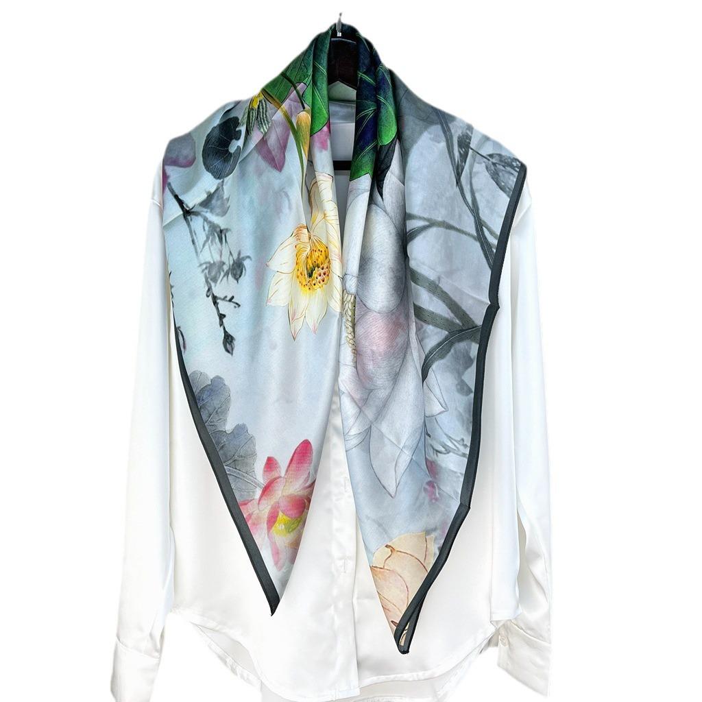 Guochao Lotus Landscape 100% Mulberry Silk Scarf - Versatile Women's Square Shawl
