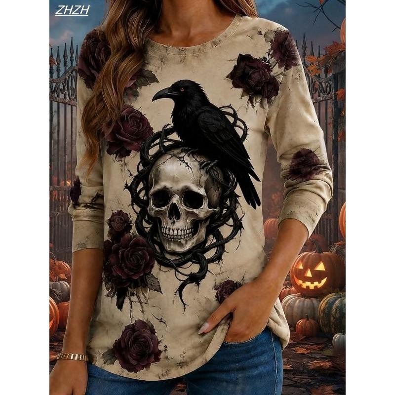 Halloween Women's T Shirt Print Graphic Skull Pumpkin Vintage Casual Trendy Long Sleeve Crew Neck T Shirt