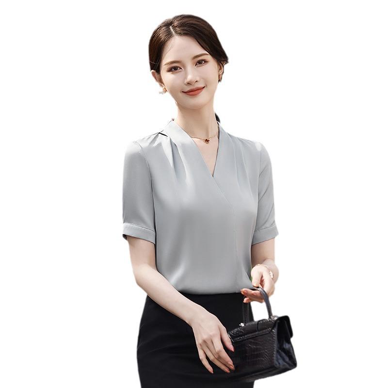 White Women's V-Neck Short Sleeve Shirt - Summer Professional Wear for a Goddess Style