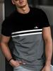 Fashionable Striped Patchwork Men's T-shirt, Comfortable and Casual Summer Round-neck Short-sleeved Shirt, with Small Mountain Peak Pattern Print