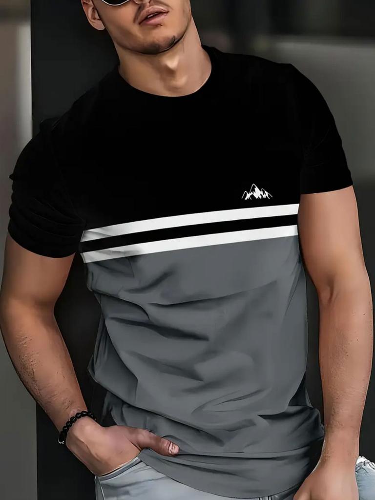 Fashionable Striped Patchwork Men's T-shirt, Comfortable and Casual Summer Round-neck Short-sleeved Shirt, with Small Mountain Peak Pattern Print