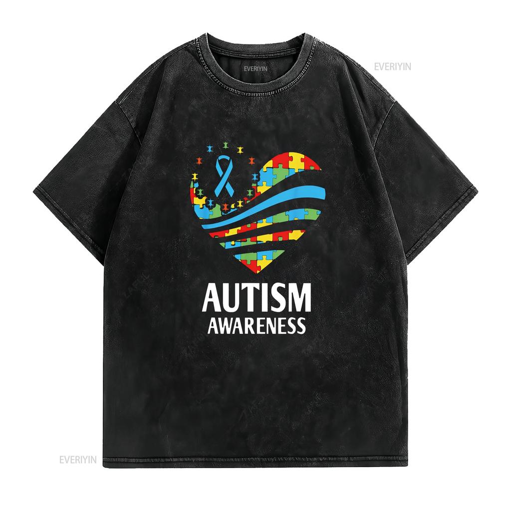 Autism Awareness T Shirt Women Heart Support Autistic Kids Black Vintage Washed Fashion Graphic Soft Designer Clothes Casual