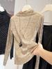 2025 Autumn Women's Korean Ombre Long Sleeve Base Layer Top with Gold Thread Yarn and Semi-High Neck