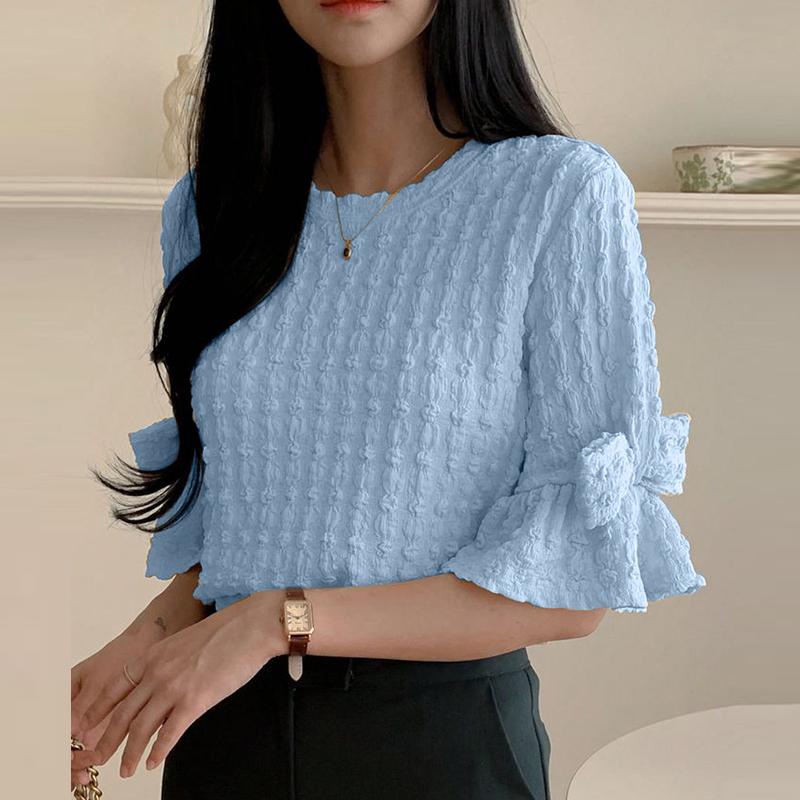 

ZANZEA Женская летняя свободная повседневная блузка с рукавом 3/4 и круглым вырезом 5XL светло-синий