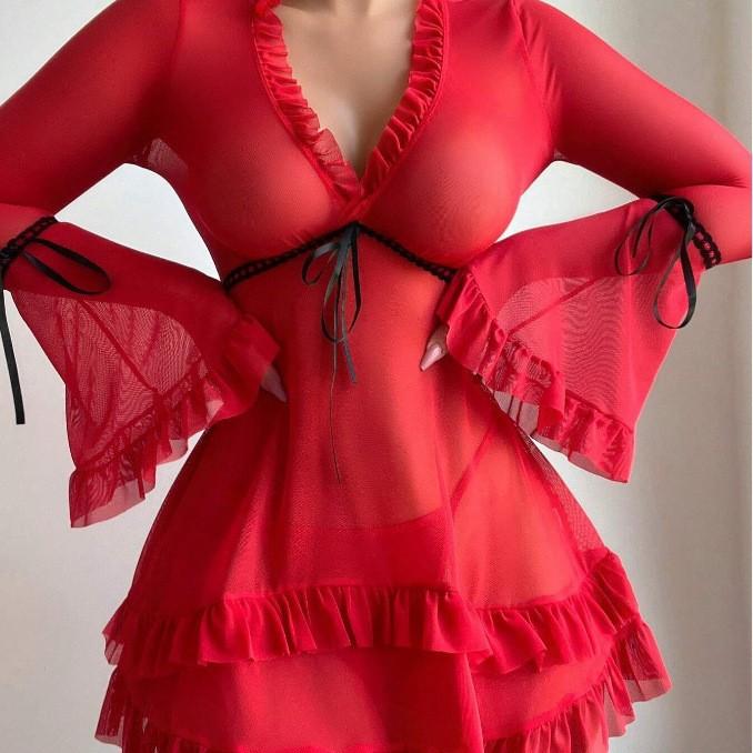 Europe and the United States new sexy mesh perspective pure desire Spice Girl long-sleeved erotic underwear set