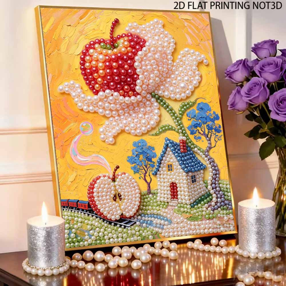 Pearl Painting DIY Kit Apple Flower House Landscape Frameless Sparkling Bead Art Canvas Creative Home Decor Craft for Beginners