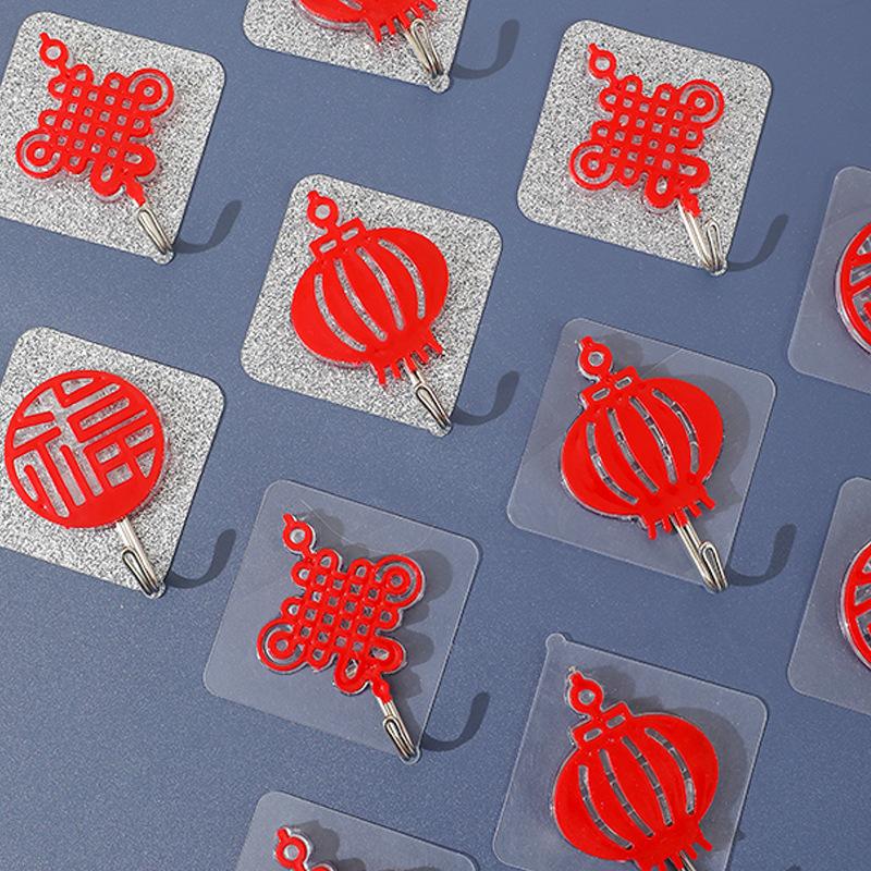 2pcs Nail Free Hooks Festive Lucky Word Hooks Red Lantern Hooks Chinese Knot Hooks Room Clothes And Hat Room Door Hooks Gifts