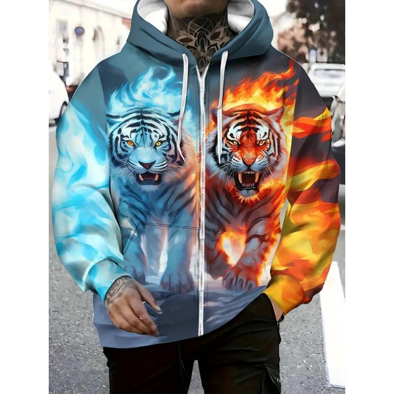 Herren Kapuzenpullover mit Reißverschluss und Tiger-Grafik, Langarm, Lässiger Outdoor-Mode-Mantel mit Kordelzug und Taschen, Reißverschluss-Kapuzenpullover für den Mann