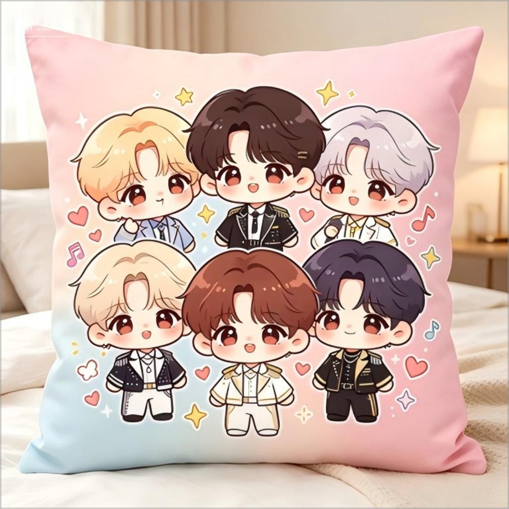 Kawaii Chibi Kpop Style Group Print Throw Pillow Cover, Cute Cartoon 6 Idol Members Decorative Cushion