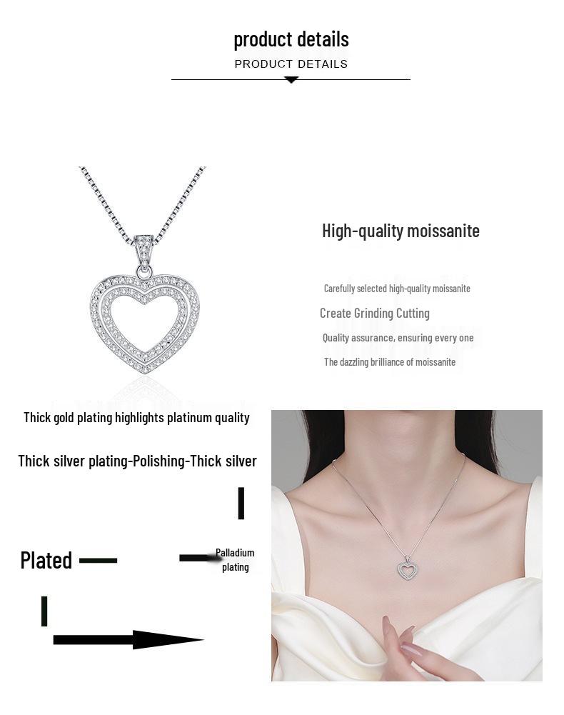 Yin Baichuan S925 Sterling Silver Double Layer Heart Moissanite Necklace for Women - Cute, Sweet, and Exquisitely Gorgeous
