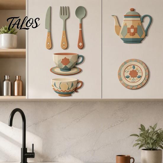 Peel Stick Dining Room Decor 7Pcs 2D Flat Kitchen Wooden Wall Decor, Retro Teapot Tableware Themed Easy to Apply Art, Self‑Adhesive Plaques for Home