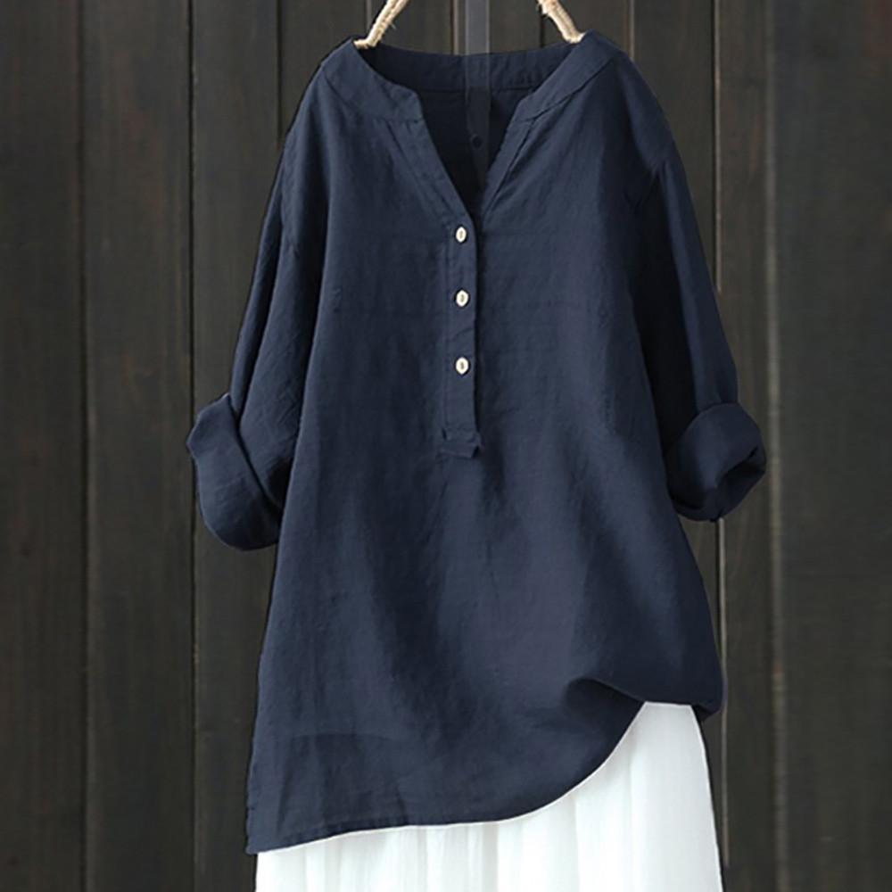 Women's Linen V-Neck Henley Blouse Loose Fit Long Sleeve Casual Tunic Top