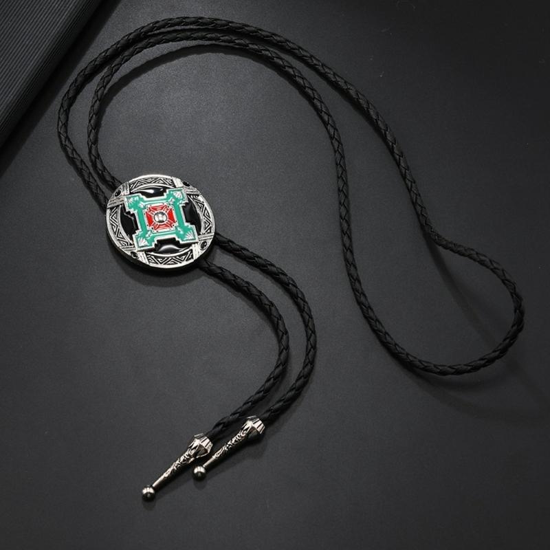Mens Adjustable Leather Cord Bolo Tie with Enamel Metal Badge Pendant Western Rodeos Outfit Shirt Chain Necktie Necklace