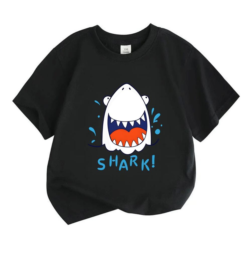 Kids Boys Girls 100% Cotton Crew Neck Short Sleeve T-Shirt, Cute Cartoon Laughing Shark Pattern Casual Summer Soft Breathable Tees for Daily Wear Holi