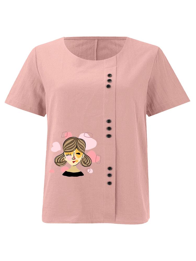 Women s Fashion Abstract Lady Print Shot Sleeve T-shirt Loose Cotton Shirt Casual Loose Summer Blouse Tops Plus Size S розовый