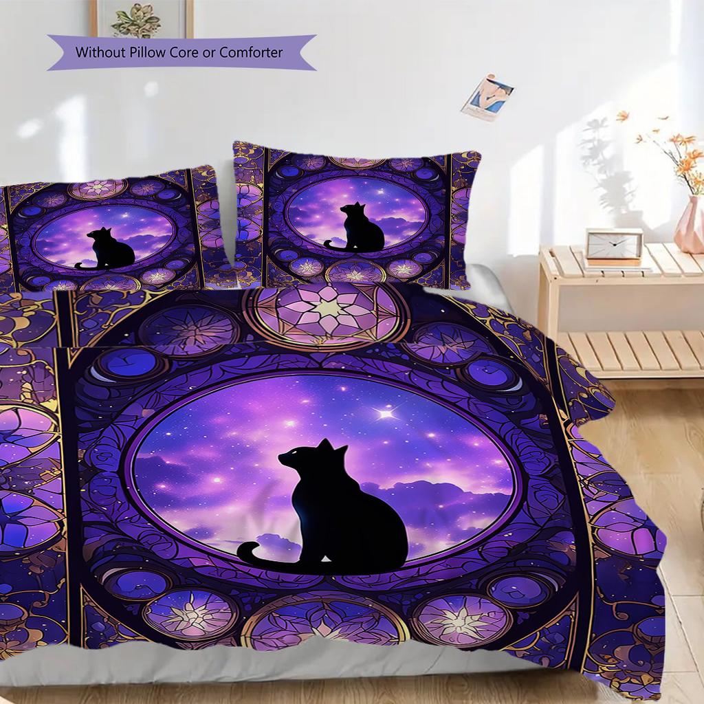 Black Cat Pattern Bedding Quilt Set Quilt Cover Pillowcase Home Decoration Birthday Gift (1 * Duvet Cover + 2 * Pillowcase, Without Core)