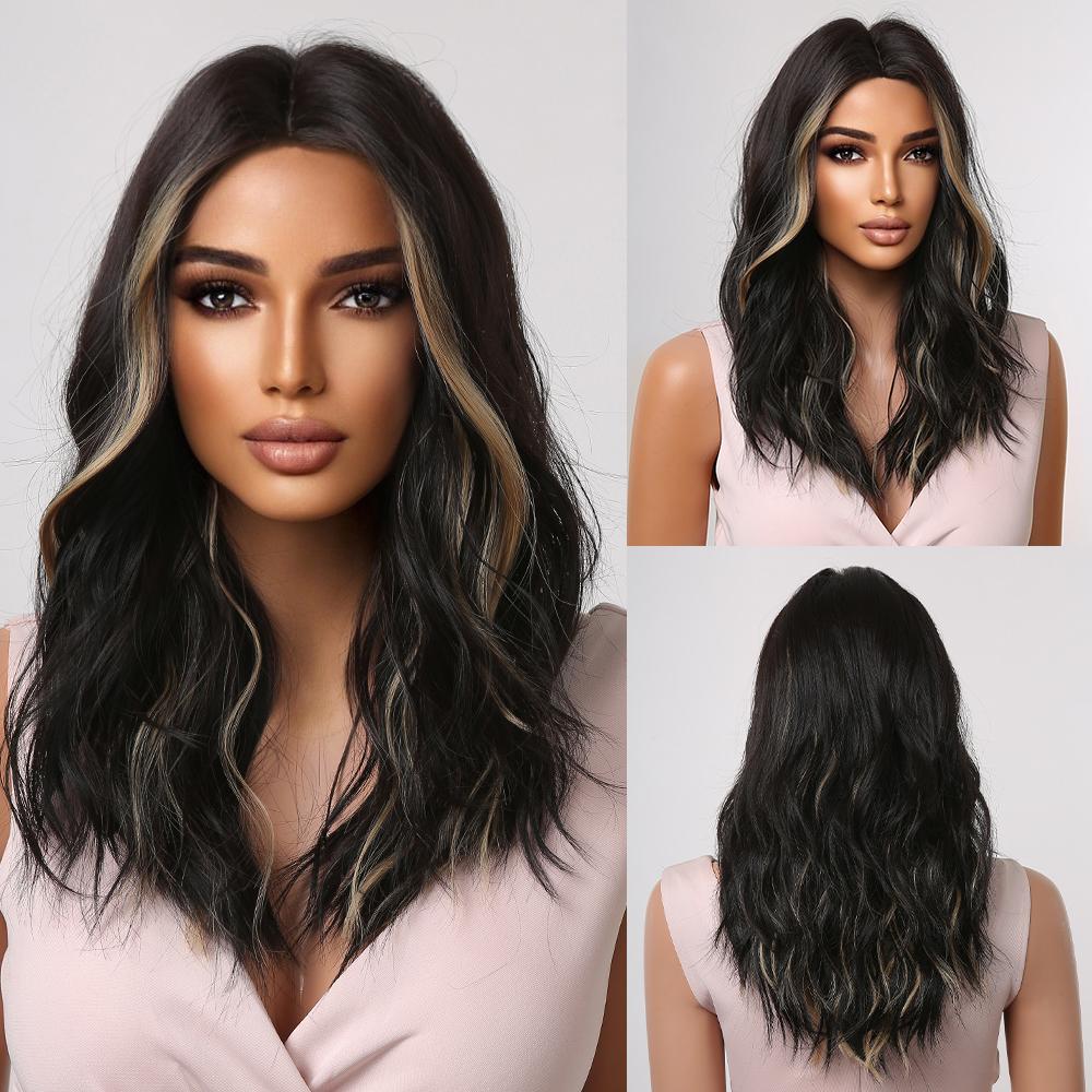 Black Synthetic Hair Wig with Golden Highlights Medium Long Wavy Wigs for Women Heat Resistant Cosplay Daily Balayage Fake Hair
