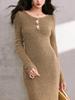 Luxurious Sparkle Wool Slim Fit Mermaid Knit Dress with Boat Neck and Floral Cutout Buttons