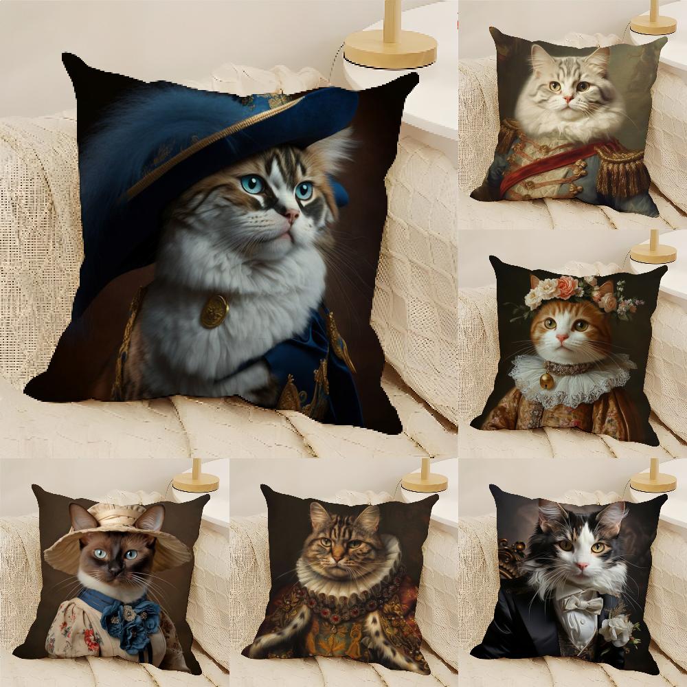 Renaissance Royal Cat Funny Pillow Case Cotton Linen Fabric Square Zipper Pillowcase Home Decorative Living Room