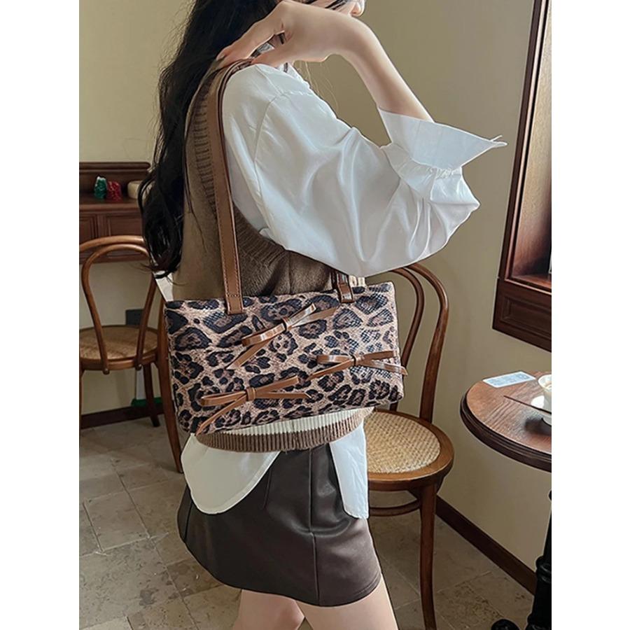 Fashion Bow Underarm Bag for Women PU Leather Leopard Versatile Commuting Handbags Lady Tote One Shoulder Bags