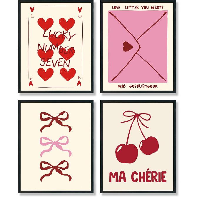 ULEGIE Trendy Coquette Bow Valentines Day Decorations Wall Art Prints Set of 4, Valentines Day Decor, Preppy Room Decor Aesthetic, Pink Bow Cherry