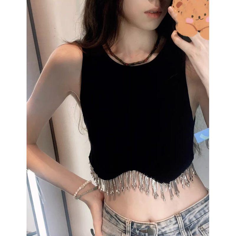 

Кисточка Стразы Мода Сексуальный Дорожный Топ на Бретелях Black One size