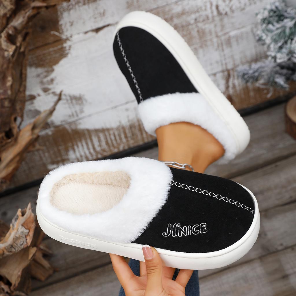 Fashion Women Slippers Fashionable Thickened Fluff Lined Slip-On Boots Round Toe Cotton Shoes Winter Leisure Flat Slippers Slides Women