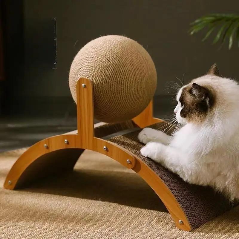 2 In 1 Cat Scratching Ball Wooden Cat Scratcher Sisal Scratch Board Wear-Resistant Grinding Paw Toy Solid Wood Scraper for Cats
