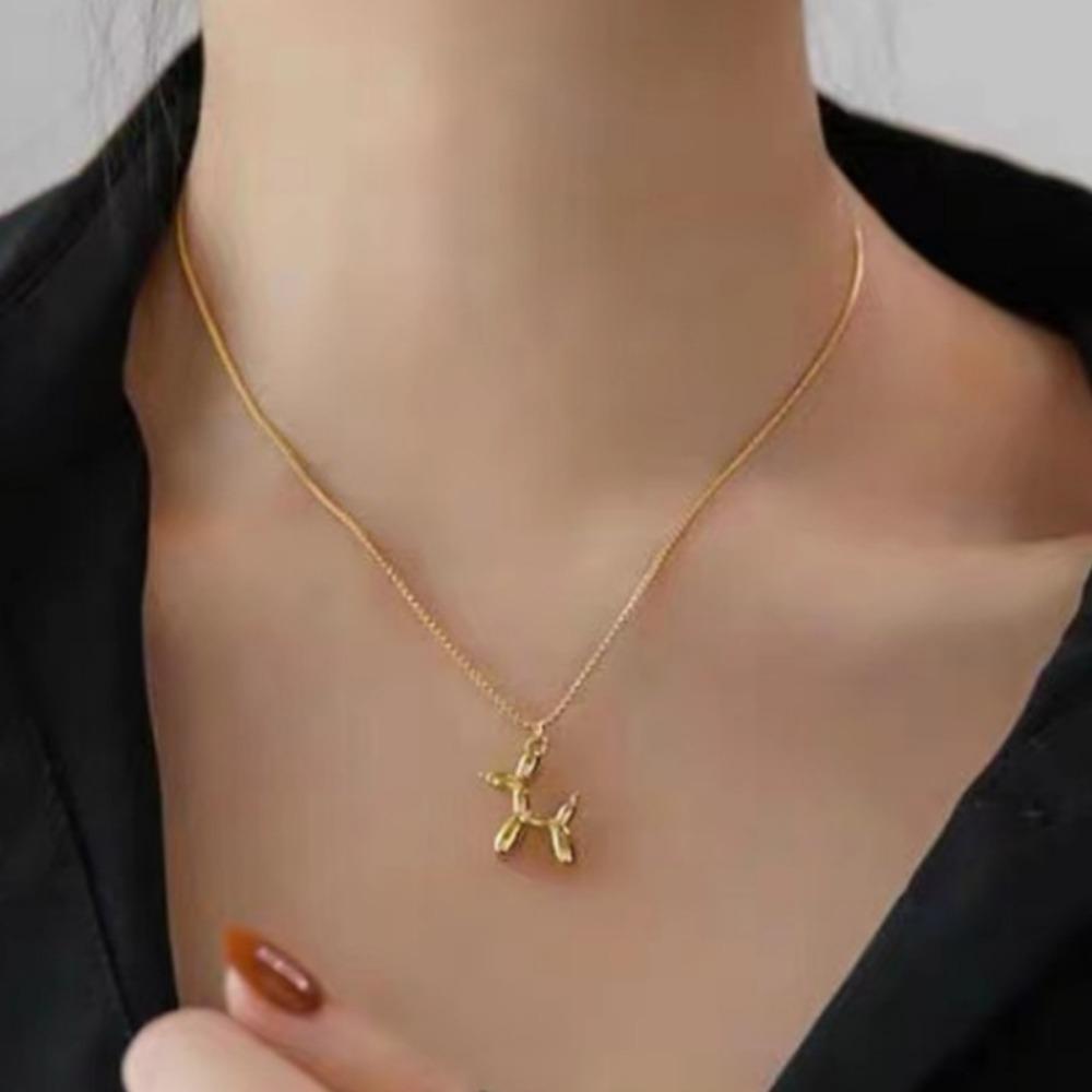Cute Style Stainless Steel Balloon Dog Golden Pendant Necklace Sweet Funny Clavicle Chain Unique Girl Birthday Gift