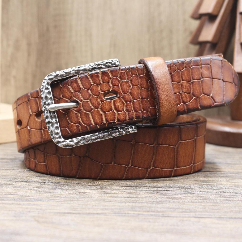 Retro Crocodile Grain Leather Belt for Men – Versatile Genuine Cowhide with Pin Buckle, Stylish for Mid-Aged and Youth Trousers.