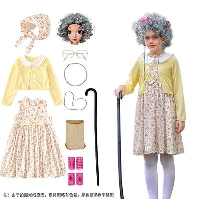 Costume 100 Giorni di Scuola Cosplay Nonna Vestito Vestiti di Purim Outfit per Gioco di Ruolo Anziana Parrucca Bianca per Festa di Carnevale