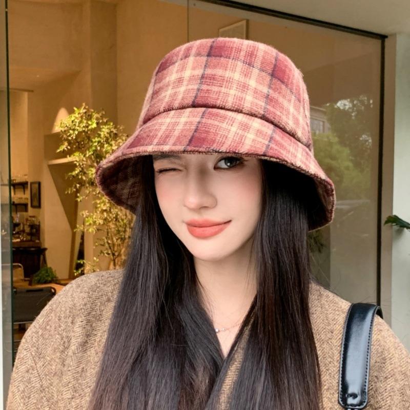 New retro plaid basin hat textured woolen wide-brimmed bucket hat autumn and winter versatile warm hat